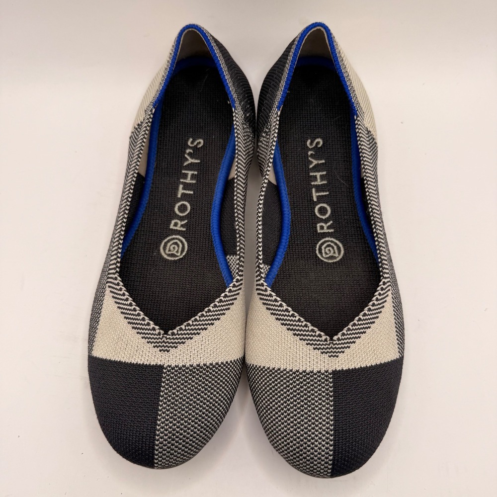 Rothys The Flat Navy Cream Gingham Round Toe Knit Ballet Flats Womens 7